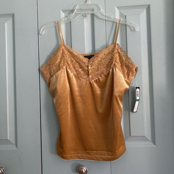 Maurice Sasson Y2K Gold Velvet Lace Tank Top Large Fairycore Whimsigoth V-Neck - Picture 1 of 8
